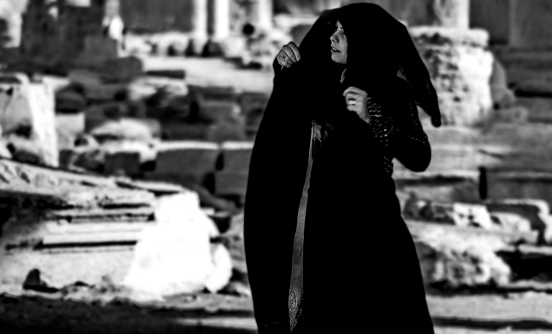 Fixing my veil (hijab). Palmyra, Syria