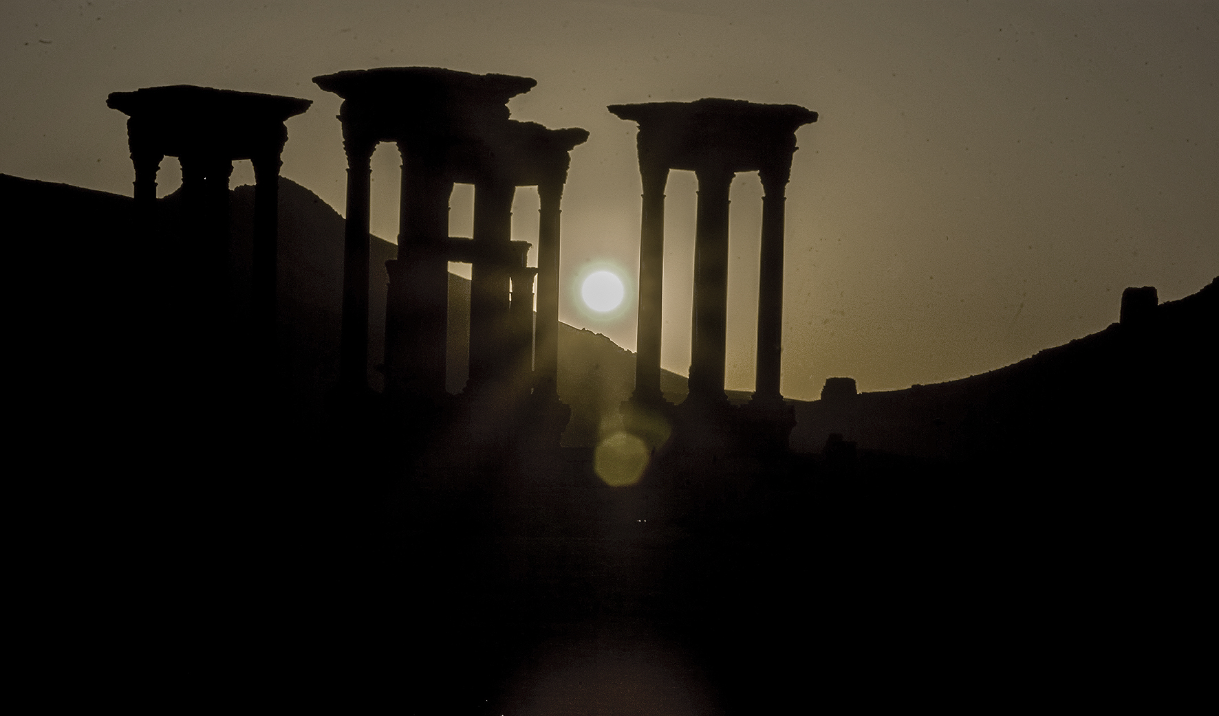 The Tetrapylon at dusk (destroyed in 2017). Palmyra, Syria